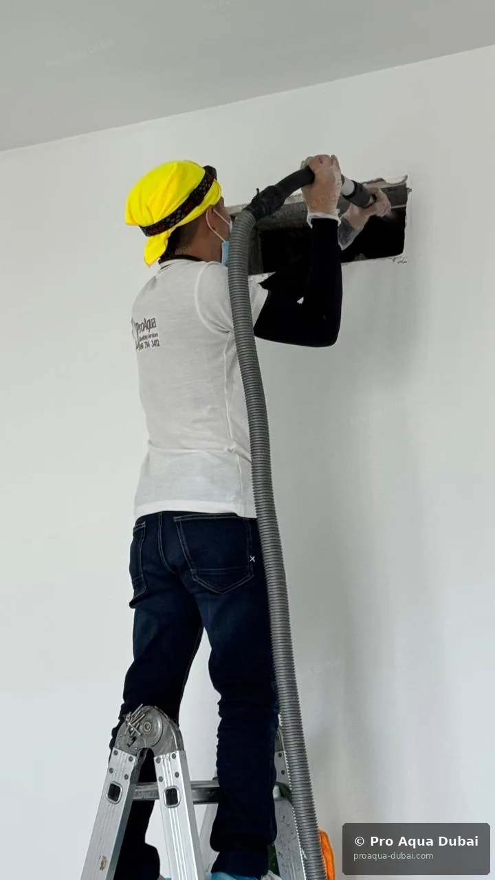 Technician cleaning AC duct in Dubai home