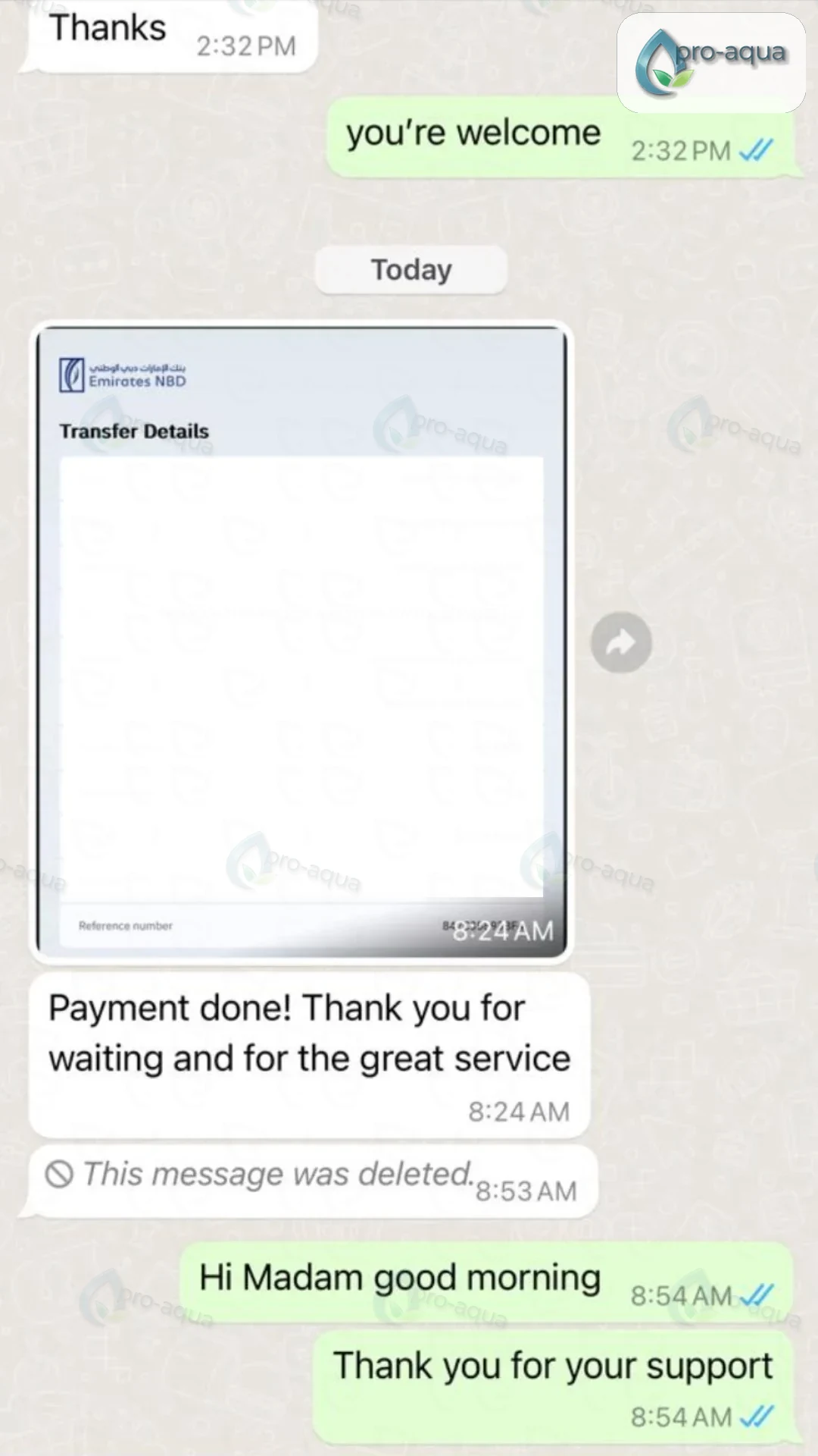 Selected WhatsApp feedback from a ProAqua AC duct cleaning customer