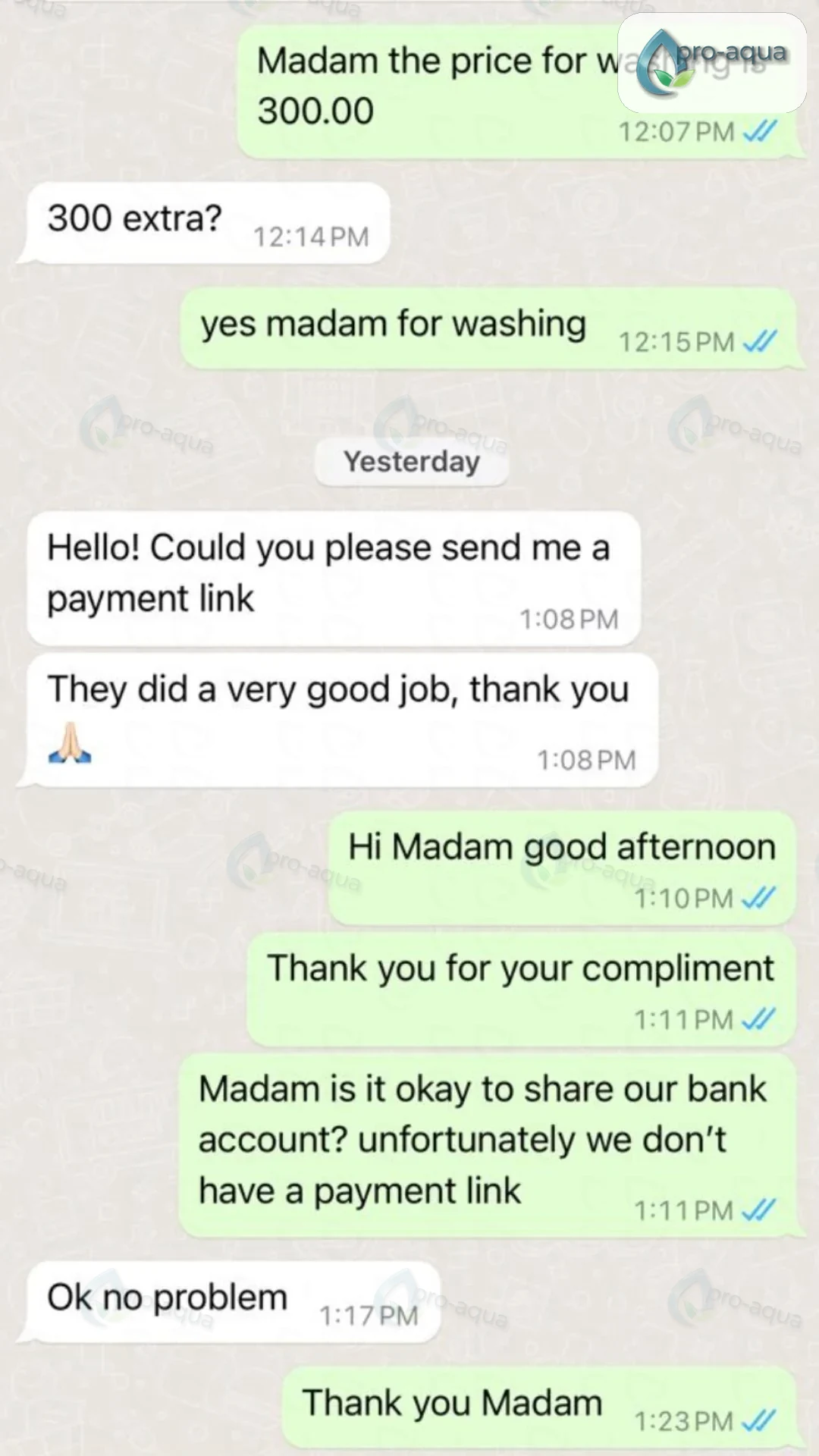Selected WhatsApp feedback from a ProAqua fabric care customer