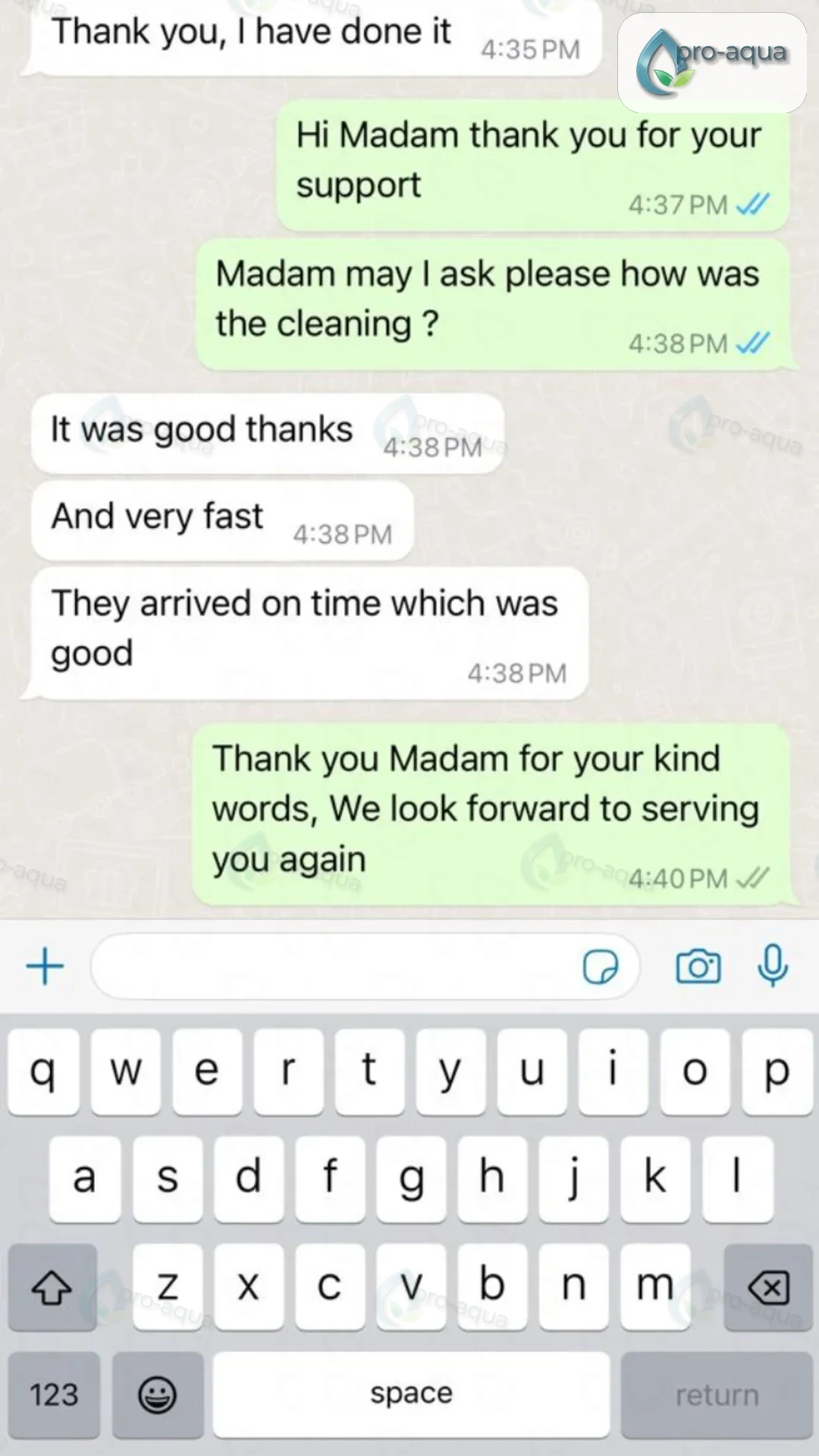 Selected WhatsApp feedback from a ProAqua villa deep cleaning customer